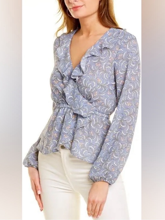 Max Studio Tops - Max Studio Ruffle Long Sleeve Faux Wrap Top Lavender / Blue floral Size XL